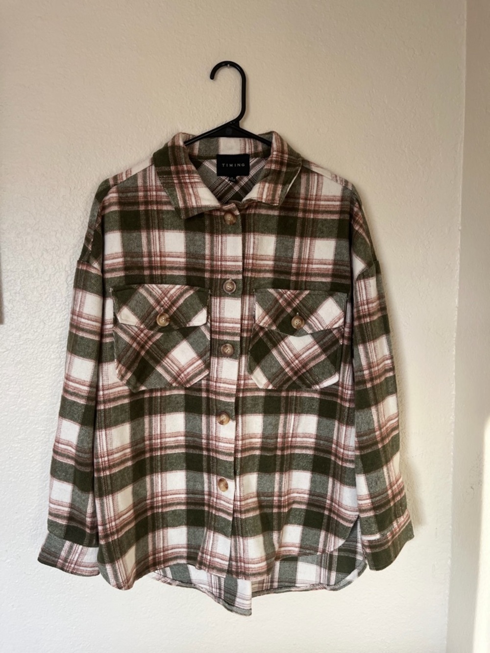 Timing Green Plaid Women Long Sleeve Shirt Jacket Oversized Size Small Flannel